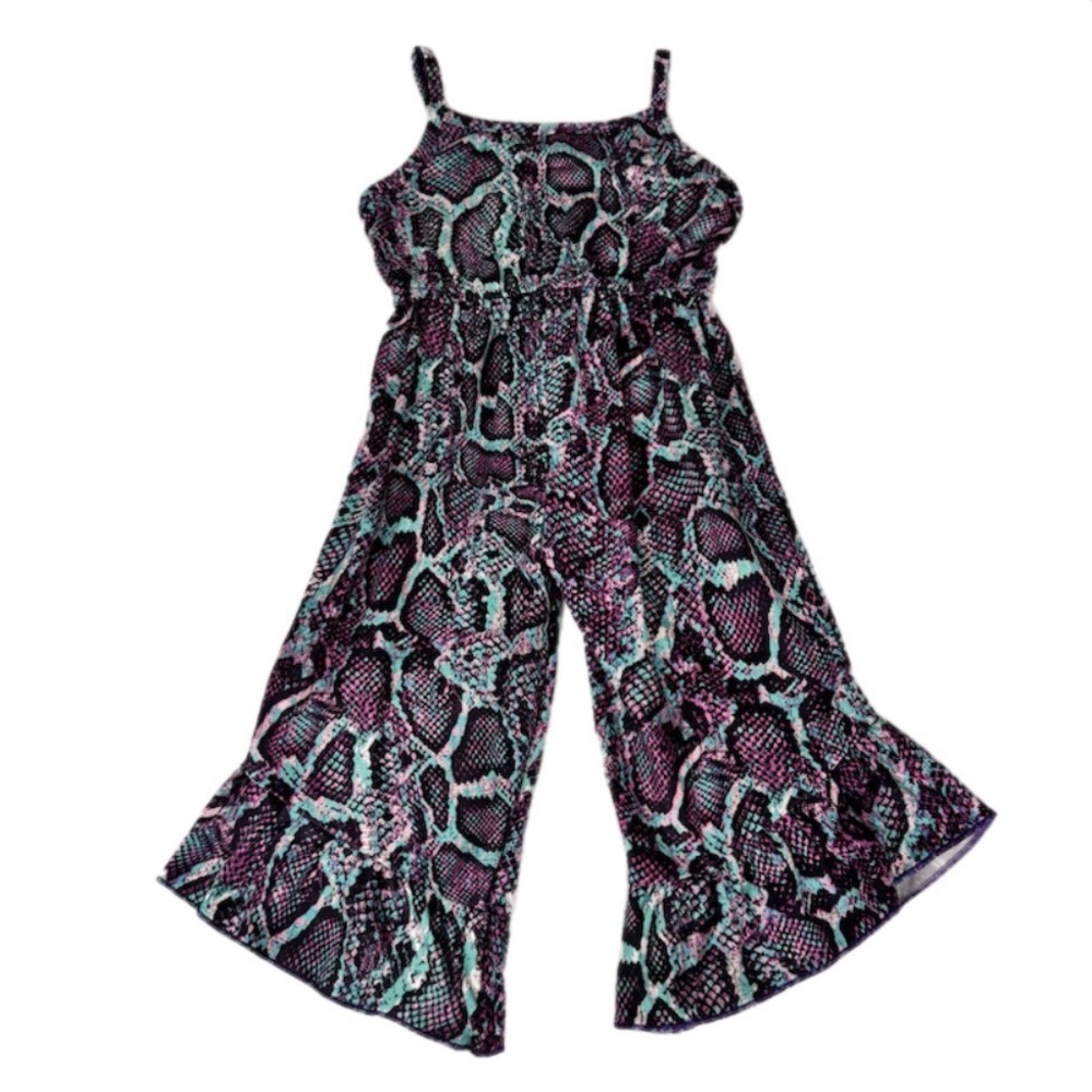 Snakeskin Print Jumpsuit Kids Size 3T Purple Teal‎ Sleeveless Ruffle Hem Stretch